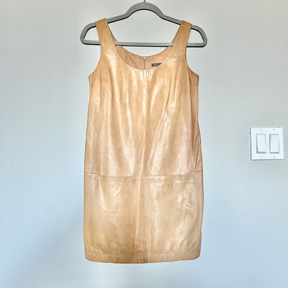 VINCE 100% Lamb Leather Sleeveless Tank Front Pocket Mini Shift Dress Tan Size 2 - Picture 2 of 15